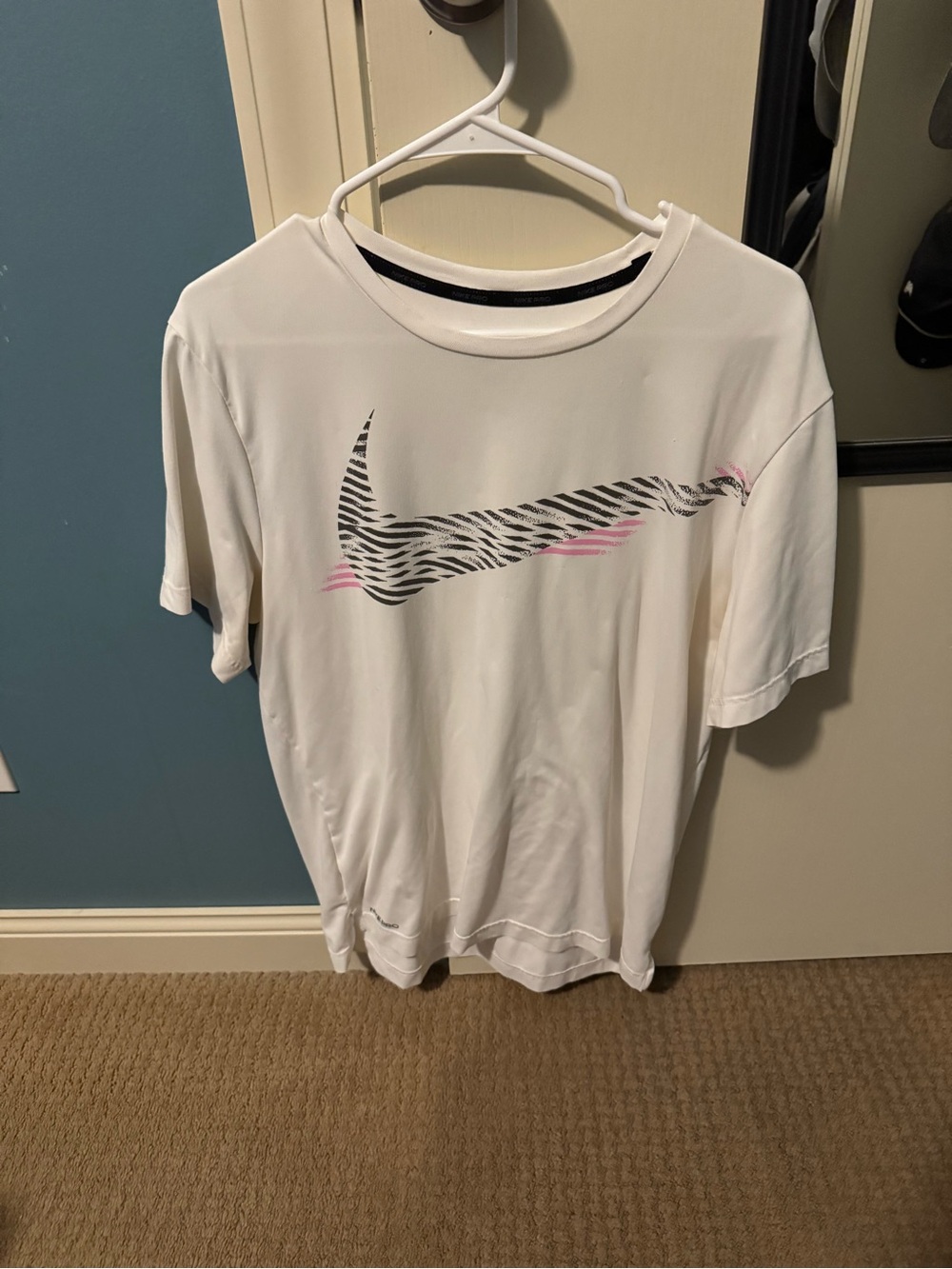 Nike White Tee with Zebra Swoosh and Pink Accents